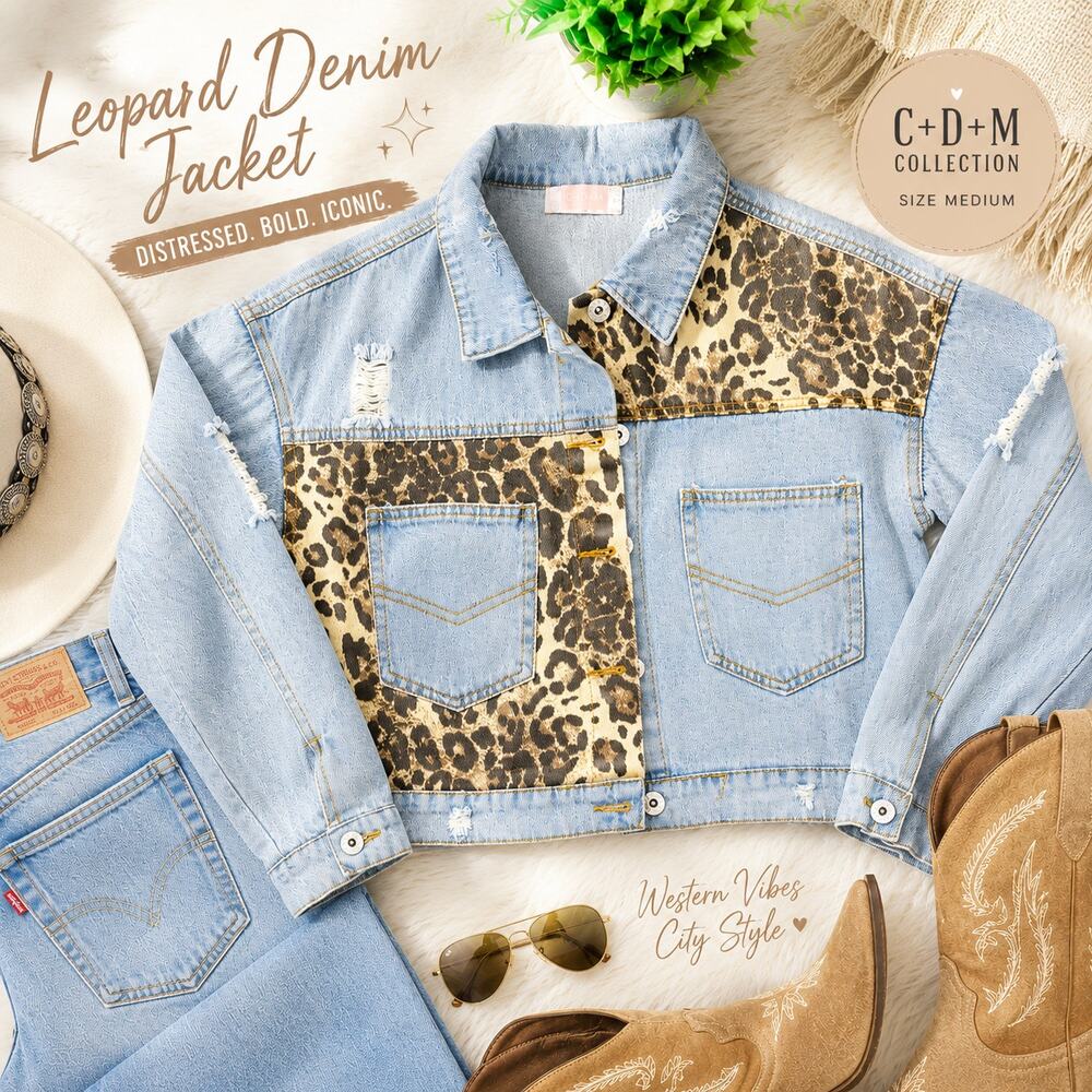 C+D+M Leopard Patch Denim Jacket Distressed Cropped Trucker Medium